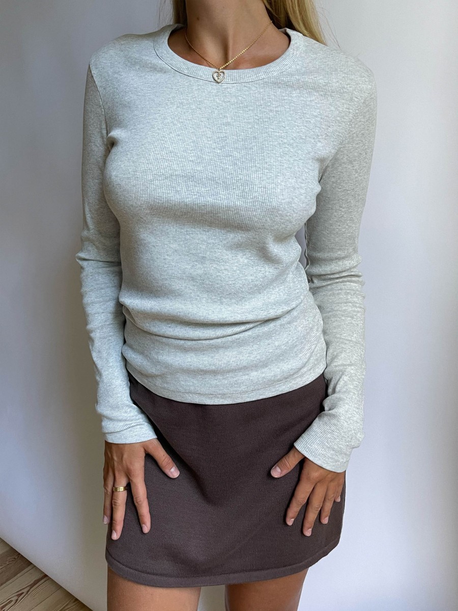 Women Djerf Avenue Sweaters | Daily Long Sleeve Top Ribbed Grey Melange